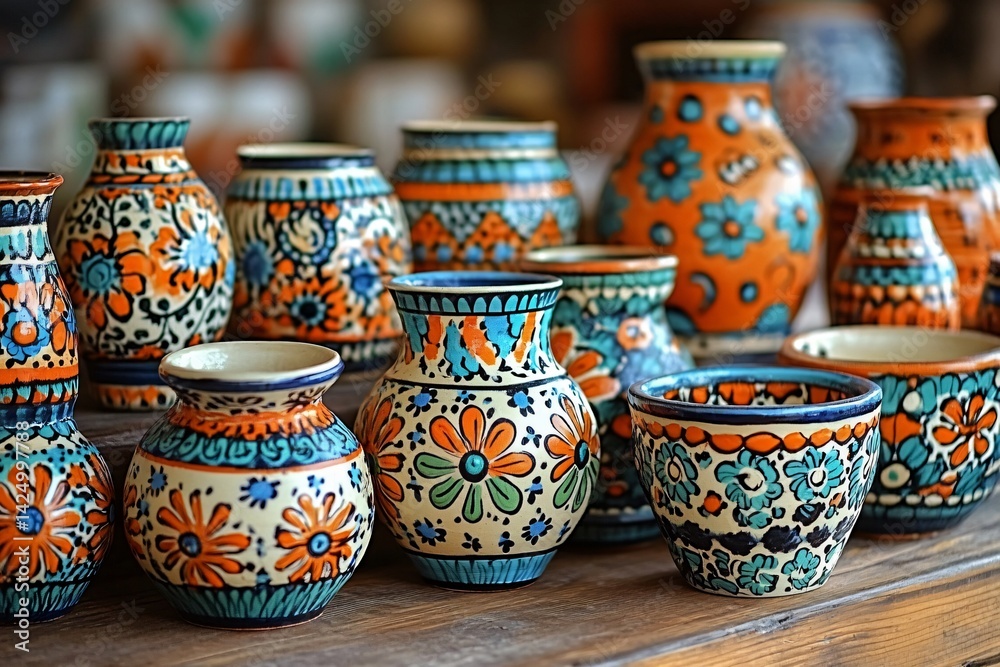 Vibrant collection of handcrafted pottery with floral designs, ideal for home decor, cultural events, artisan markets, and folk art exhibitions. Vibrant collection of handcrafted pottery with floral designs, ideal for home decor, cultural events, artisan markets, and folk art exhibitions.