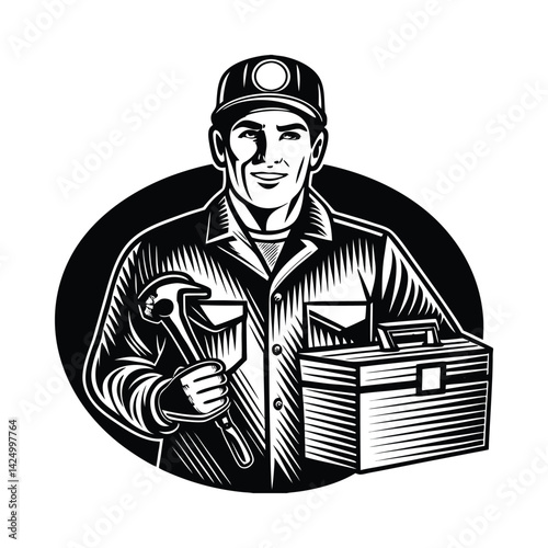 Vintage Style Smiling Handyman Holding Toolbox and Wrench – Black and White Vector Illustration