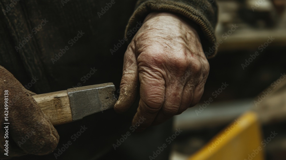 Weathered hands hold a tool, showcasing years of labor.
