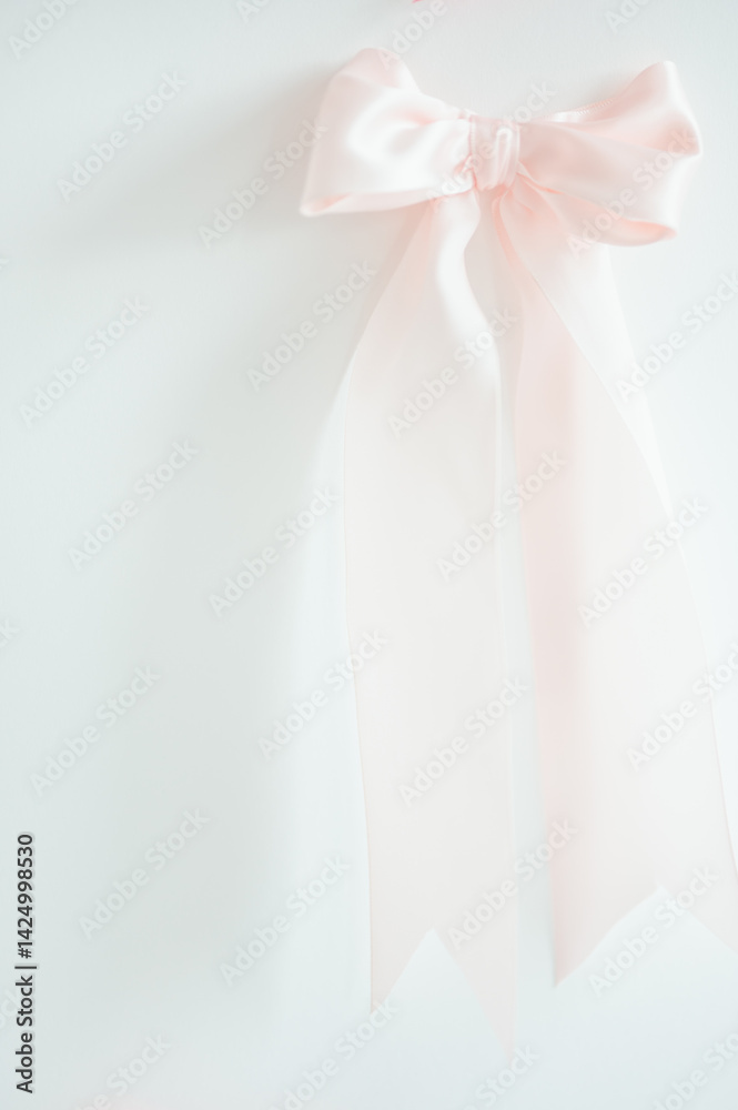 Soft pink modern satin bow on a bright white background with copy space Soft pink modern satin bow on a bright white background with copy space