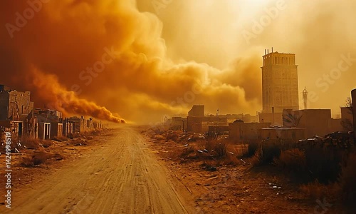 Desolate desert road choked by a sandstorm.
