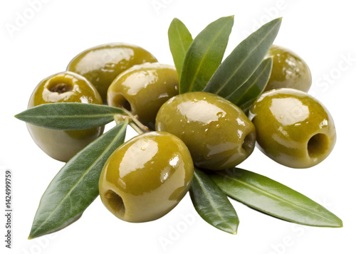 Glossy green pitted olives with fresh leaves, smooth texture and natural shine isolated on transparent background.
