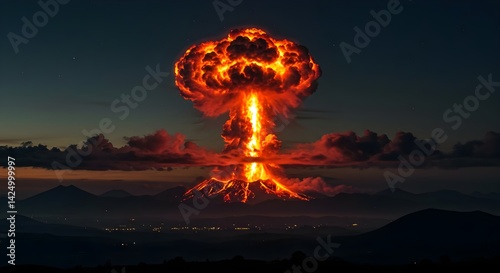 A highly detailed digital painting of a massive volcanic explosion resembling a nuclear mushroom cloud photo