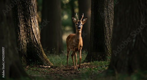 A young deer stands still on a forest path, surrounded by tall trees and bathed in soft natural light.