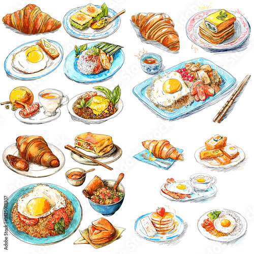 Illustration of international breakfast foods with eggs, rice, toast, croissants, and coffee. Bright watercolor drawings ideal for cookbooks, menus, and food content.


