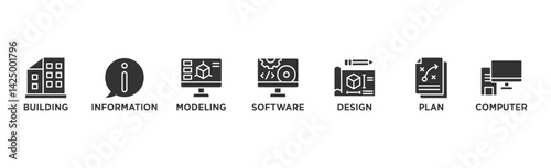 BIM banner web icon illustration concept for building information modeling with icon of building, information, modeling, software, design, plan, and computer
