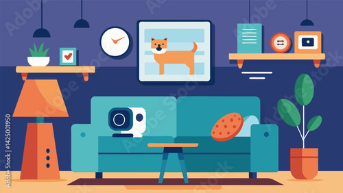 A modern living room with a sleek wallmounted pet camera that offers live streaming and twoway audio to keep an eye on furry friends.. Vector illustration
