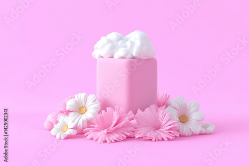 Pastel pink cube with whipped cream clouds and flowers on a pink background