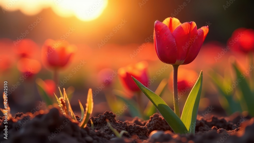 A Single Scarlet Tulip Illuminated by the Warm Glow of the Setting Sun in a Field of Blossoms