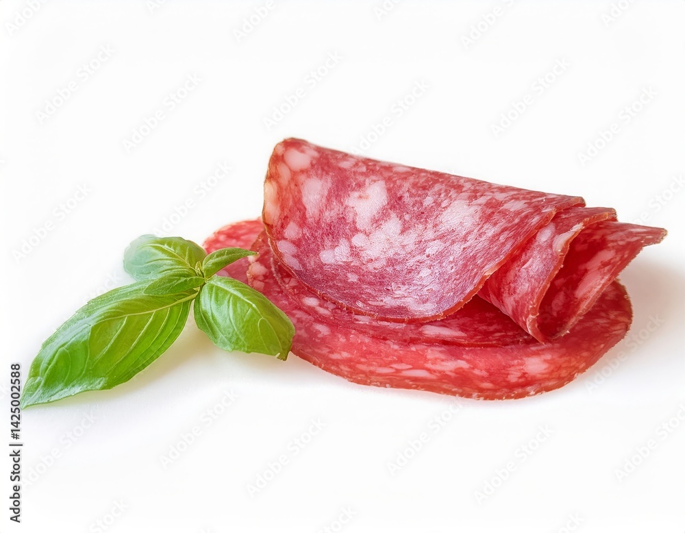Obraz premium Delicious Slices of Salami with Fresh Basil Leaves on White Background Appetizing Food