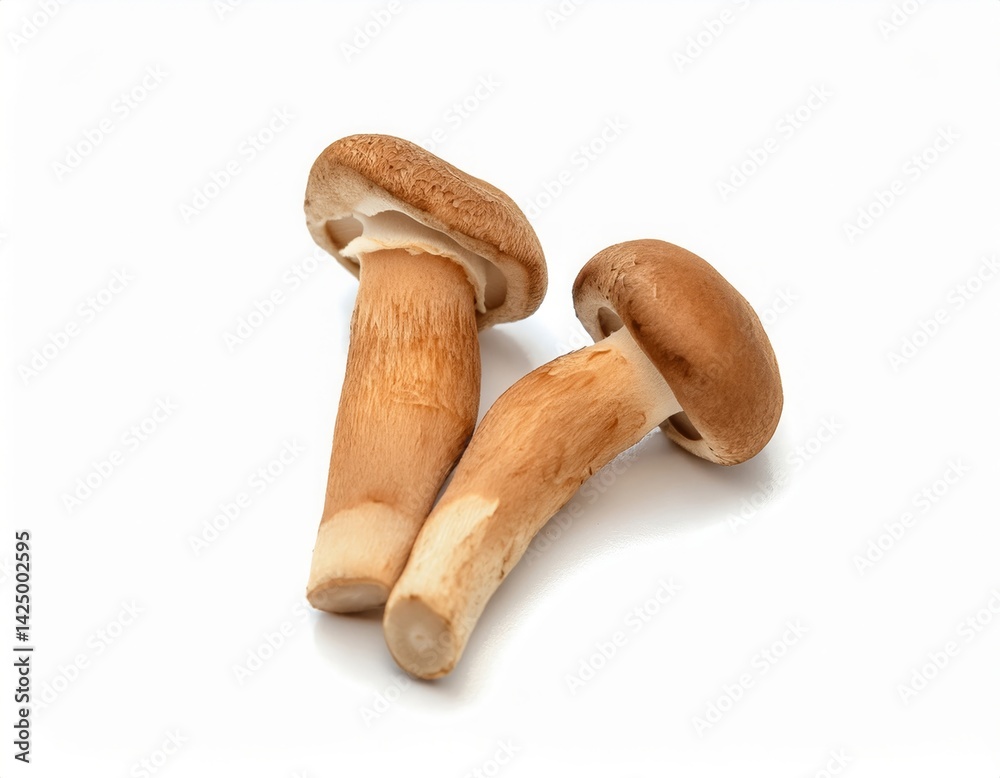 Two Fresh Brown Shiitake Mushrooms Isolated on White Background Perfect for Culinary or Health Recipes Two Fresh Brown Shiitake Mushrooms Isolated on White Background Perfect for Culinary or Health Recipes