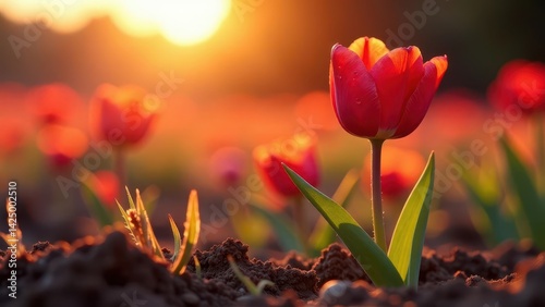 Obraz na płótnie A Single Scarlet Tulip Illuminated by the Warm Glow of the Setting Sun in a Field of Blossoms w salonie