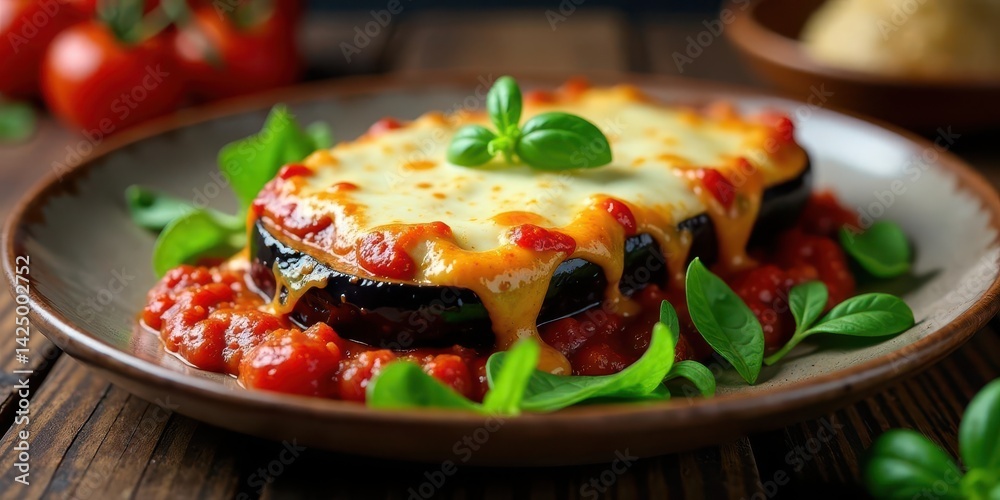 Delectable Eggplant Casserole with Melted Cheese and Zesty Tomato Sauce, Served on a Rustic Plate with Fresh Herbs