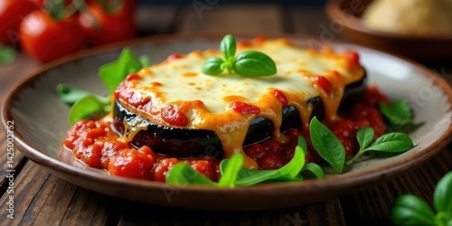 Obraz na płótnie Delectable Eggplant Casserole with Melted Cheese and Zesty Tomato Sauce, Served on a Rustic Plate with Fresh Herbs w salonie