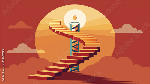A spiral staircase leading to a bright warm light representing the journey of healing and growth through ketamine therapy with each step representing.