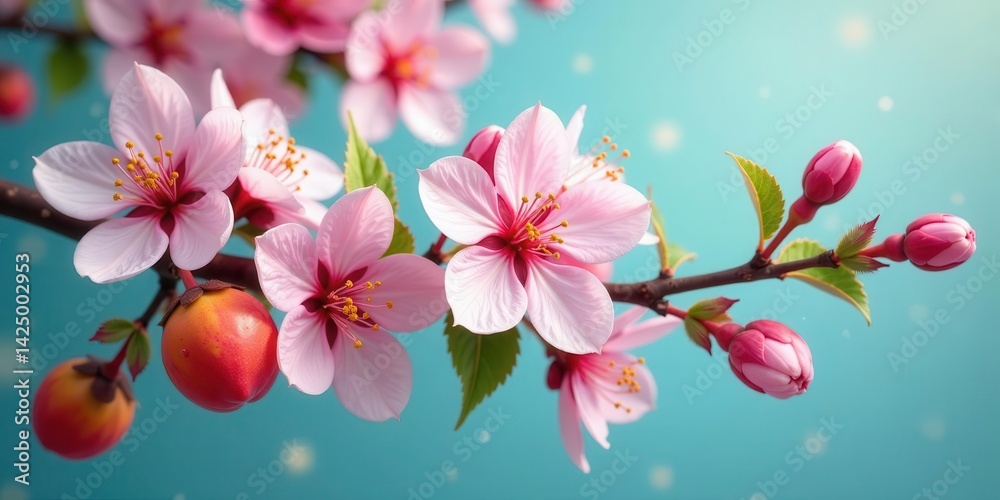 Delicate pink blossoms on a branch, showcasing vibrant petals and budding flowers against a tranquil blue backdrop