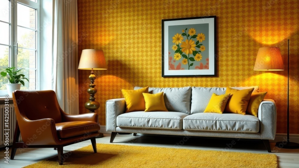 A Comfortable Living Room with Mustard Yellow Accents and a Grey Sofa