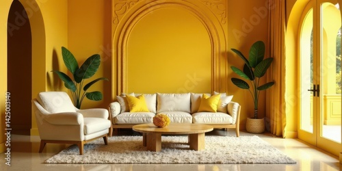 A sunlit living room with a creamy sofa and armchair, accented by vibrant yellow throw pillows and lush tropical plants, creates a warm and inviting atmosphere.
