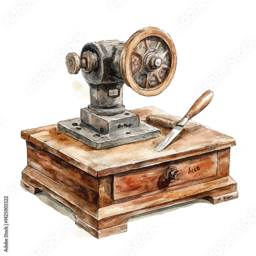 Grinder for sharpening tools, watercolor illustration, isolated on a white background.

