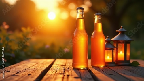 Obraz na płótnie Golden Hour Beverages Beside Illuminated Lanterns on Rustic Wooden Table w salonie