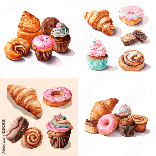 Sweet pastries in watercolor style featuring croissants, cupcakes, cinnamon rolls, cookies, and donuts. Ideal for dessert menus and bakery branding.

