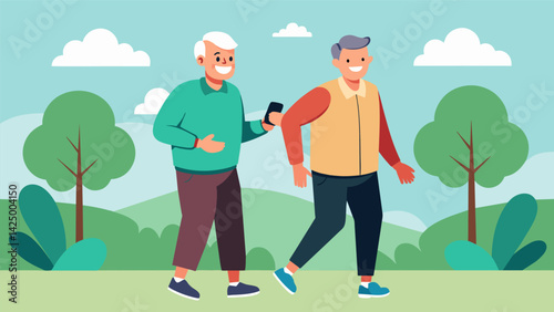 A pair of elderly men walk briskly through the park laughing and chatting as their fitness tracker counts their steps.. Vector illustration