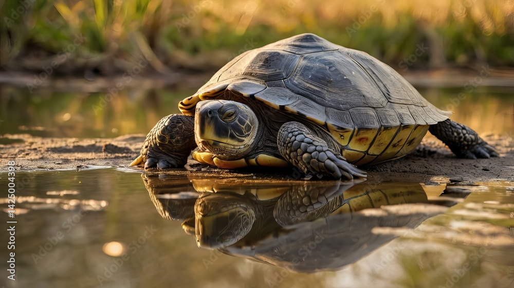 Fototapeta premium A close-up of a turtle basking by a calm water body, showcasing its beautiful shell and serene reflection.
