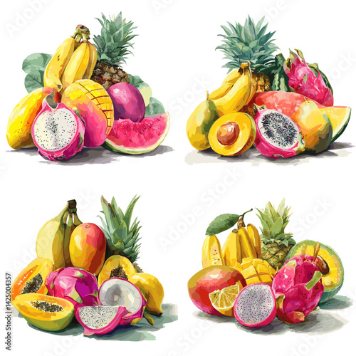 Colorful hand-drawn tropical fruits including dragon fruit, mango, banana, papaya, and pineapple—perfect for healthy food illustrations, summer themes, and natural product packaging.

