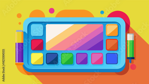 A blank canvas covered in vibrant colors all of which were achieved using secondhand art supplies such as old makeup palettes and repurposed markers.. Vector illustration