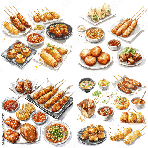 Hand-drawn illustration of various Asian street foods including skewers, spring rolls, dumplings, and dipping sauces—ideal for culinary content, food blogs, and cultural menus.

