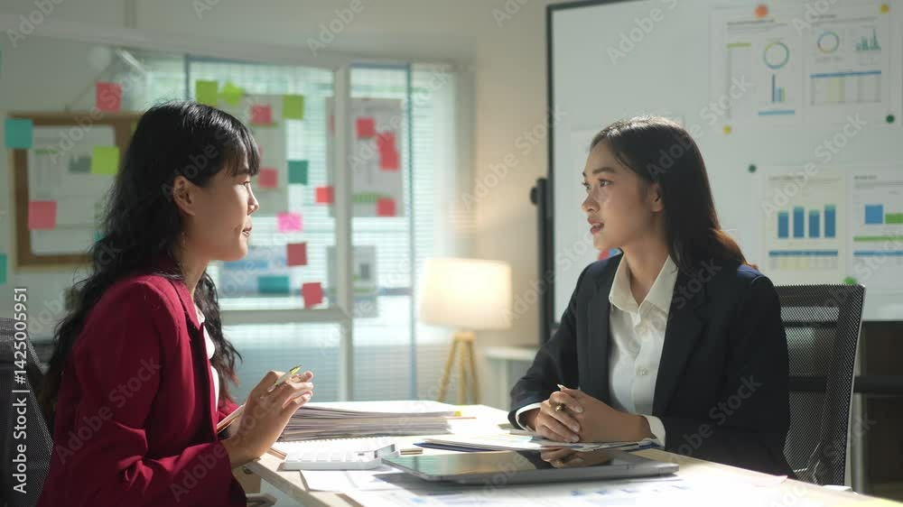 Two women are sitting at a desk with a white board behind them. One of the women is smiling and pointing at something on the board Two women are sitting at a desk with a white board behind them. One of the women is smiling and pointing at something on the board