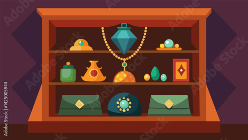 A display case catches your eye filled with delicate antique jewelry and trinkets each one with its own hint of mystery and intrigue.. Vector illustration