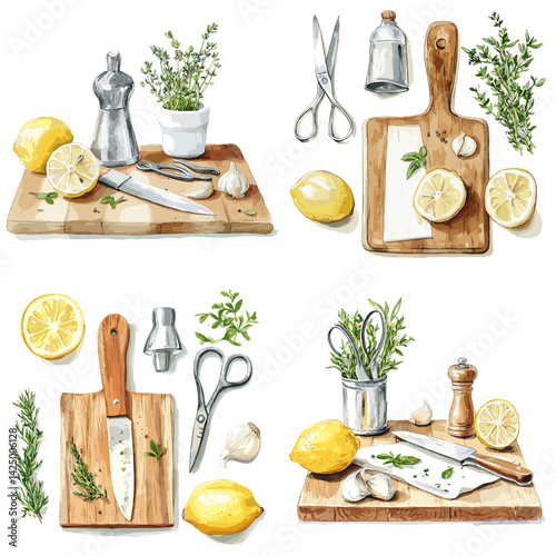Hand-drawn kitchen prep scenes with cutting boards, lemons, herbs, and utensils—perfect for cooking blogs, recipe books, culinary illustrations, and food-themed designs.

