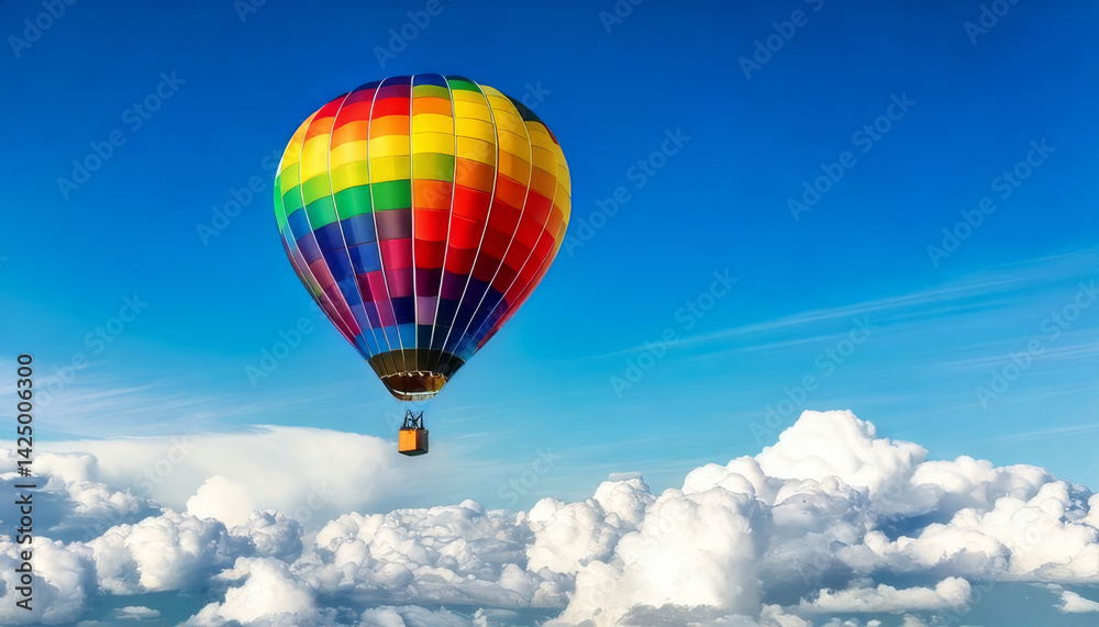 Fototapeta premium vibrant rainbow colored hot air balloon floats gracefully above fluffy white clouds against bright blue sky, creating serene and uplifting scene
