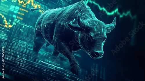 A digital bull charging through a stock market data background.