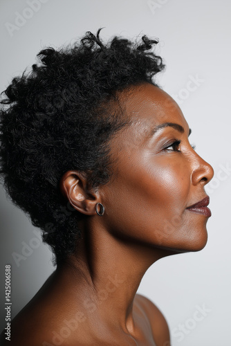Profile Portrait of a Woman in Her Late 40s, with Soft Lighting and a Thoughtful Expression, Showcasing Healthy, Radiant Skin and a Natural Hairstyle.