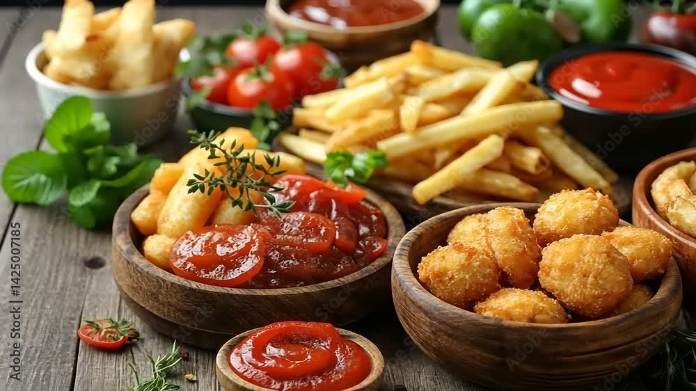 Fried food feast with dipping sauces Fried food feast with dipping sauces