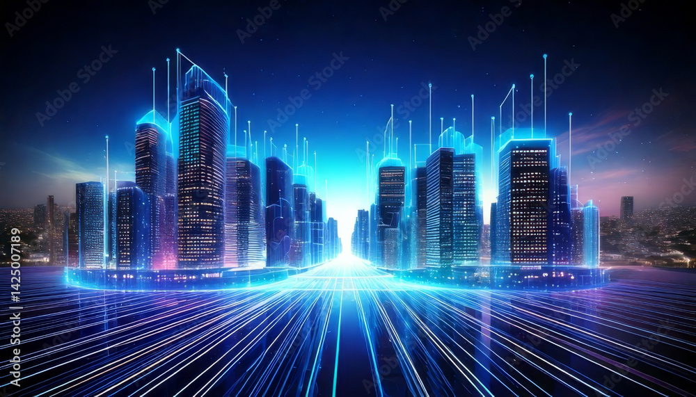 futuristic cityscape with holographic buildings and luminous lines creates immersive digital experience, resembling virtual reality metaverse