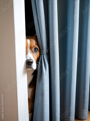 Scared dog hiding behind curtains due to fear of going outside , pet, mental health, anxiety, fear, pet owner, curtains
