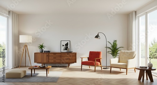 A bright living room with chairs lamps and a cabinet in a modern minimalist interior design style