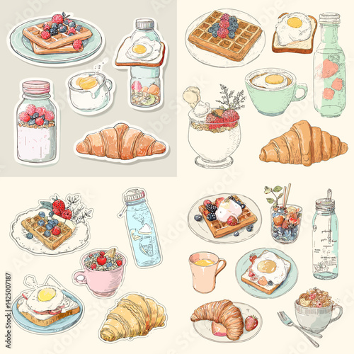 Charming hand-drawn breakfast items including waffles, croissants, eggs, fruit, yogurt, and drinks—ideal for cafe menus, food blogs, and cozy morning-themed illustrations.

