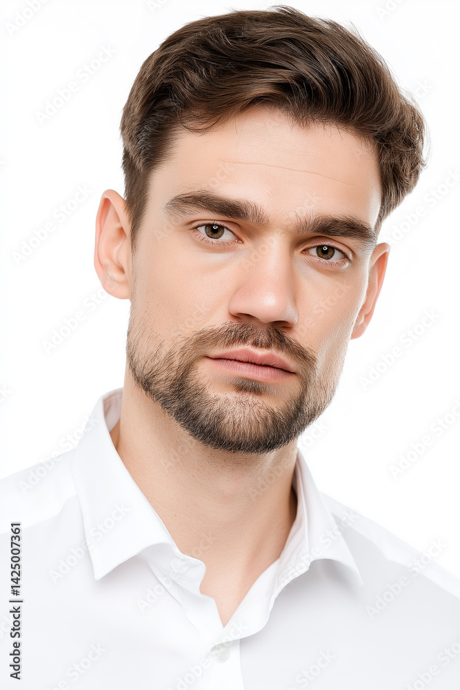 Obraz premium Portrait of a Confident Man in his Early 30s, Intense Gaze, Short Dark Hair, and a Well-Groomed Goatee, Wearing a Crisp White Button-Down Shirt. A Striking Close-Up Studio Shot Emphasizing