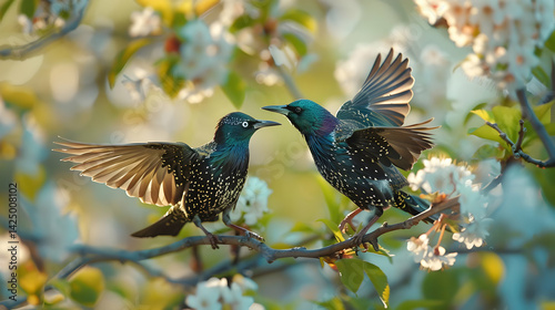 Two Starlings on Branch Amongst White Blossoms