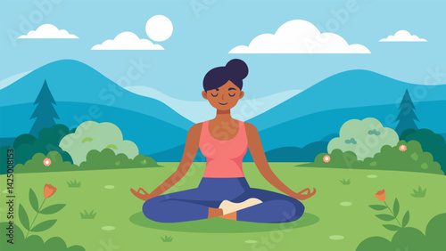 Cooling down after a challenging workout with some deep breathing exercises and calming yoga poses in a peaceful meadow clearing. Vector illustration