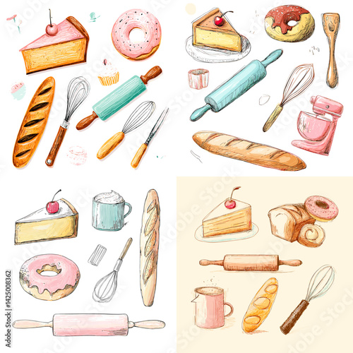 Hand-drawn baking tools and sweets including rolling pins, whisks, donuts, cakes, and baguettes—perfect for bakery branding, recipe blogs, and cute kitchen illustrations.

