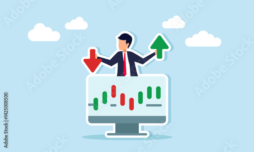 businessman behind a monitor displaying candlestick stock graph while holding upward and downward arrows, illustration of stock valuation fluctuation in a business company