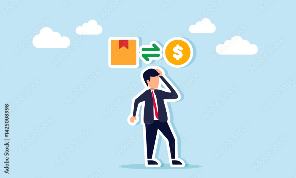 businessman thinking with exchange icon between package box and dollar coin, illustration of thinking about financial rotation and business investment strategy businessman thinking with exchange icon between package box and dollar coin, illustration of thinking about financial rotation and business investment strategy