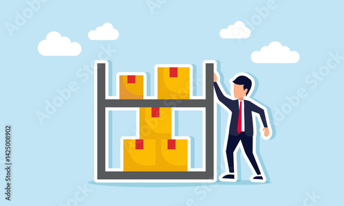 businessman standing next to a shelf filled with shipping boxes, illustration of business in the logistics, delivery, and supply chain service industry