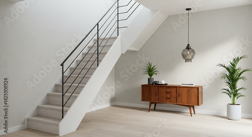 Interior view of a staircase with white walls and black railing and a wooden cabinet on the wall