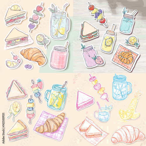 Pastel hand-drawn breakfast food and drinks including sandwiches, croissants, fruit skewers, and lemonade jars—perfect for cute stickers, cafe menus, and cozy brunch designs.

